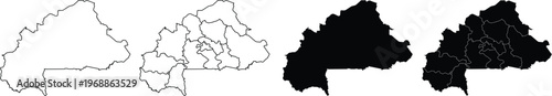 Four variations of burkina faso country map outlines and silhouettes with internal borders