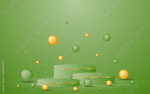 Green podium with elegant gold lines with green and gold balls around it for displaying advertisements. Exhibit cosmetic products. Stage or podium. Vector illustration