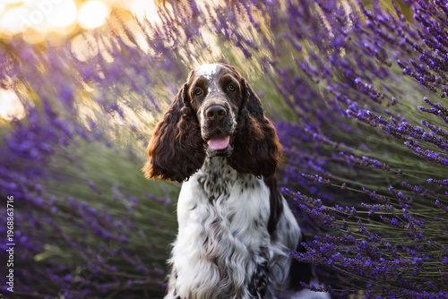 Obraz na płótnie springer spaniel dog in lavender fields