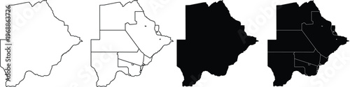 Botswana country map outline and silhouette set with internal district borders in black and white