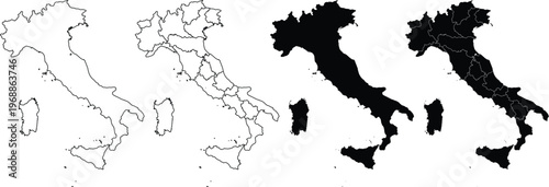 Four variations of italy map silhouettes showing outline and regional borders in black and white