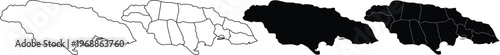 Four variations of jamaica island map outlines and silhouettes with parish borders included