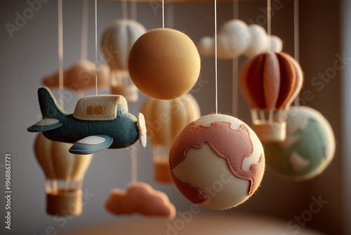 Felt Travel Mobile with Airplane and Hot Air Balloons, Dreamy Nursery Decor Aviation Theme