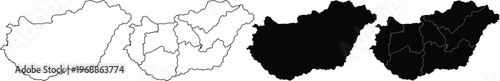 Four variations of hungary map outlines and silhouettes with regional internal borders