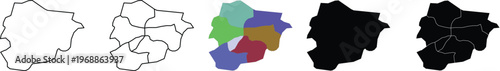 Five variations of the andorra map outline including solid black and multicolored segments