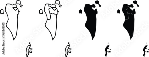 Set of bahrain map outlines and silhouettes with administrative district borders included