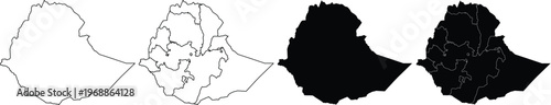 Set of four ethiopia country map outlines showing national borders and internal regional divisions