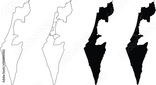 Four variations of israel map outlines and silhouettes showing regional borders in black and white