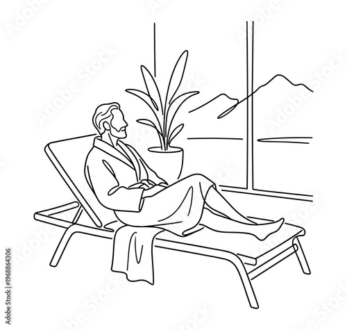 Senior man relaxing on sun lounger in bathrobe line drawing