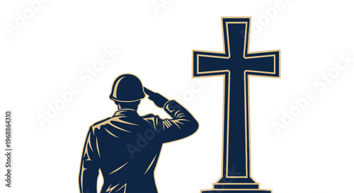 A soldier salutes in respect beside a large cross monument