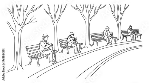 Senior men sitting on park benches with canes line drawing