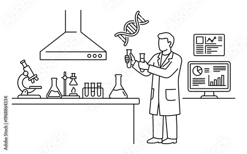 Scientist in laboratory with microscope flask dna and monitor line art