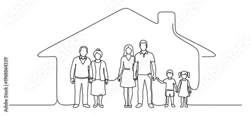 Big family with grandparents and kids in house line drawing