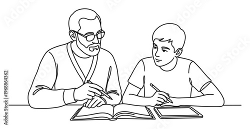 Teacher mentor helping student with book continuous line drawing