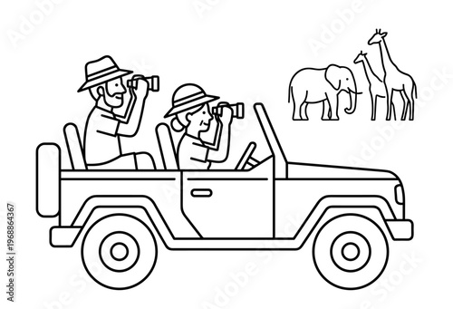 Safari tour couple in jeep watching elephant and giraffe line art