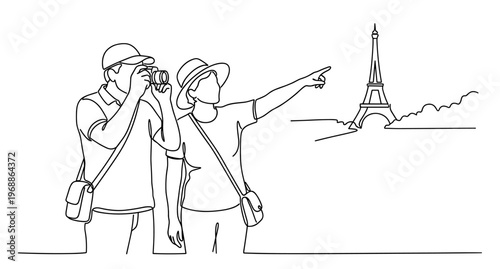Tourist couple in Paris Eiffel Tower continuous line drawing