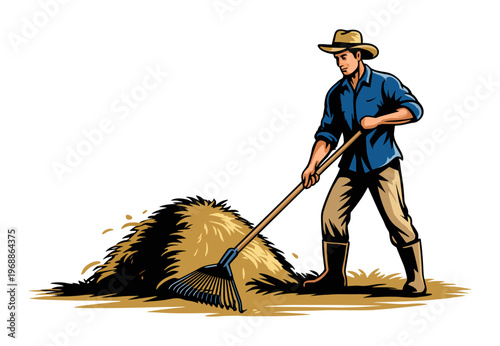 Farmer raking hay with fan rake vintage illustration
