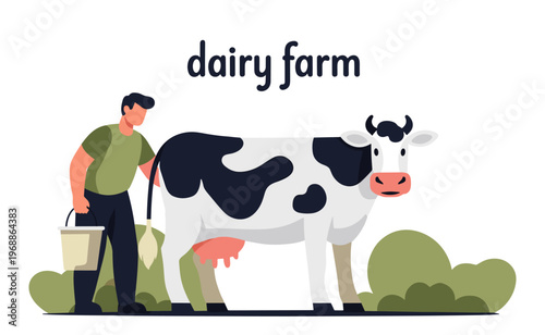 Farmer with cow and bucket dairy farm flat style