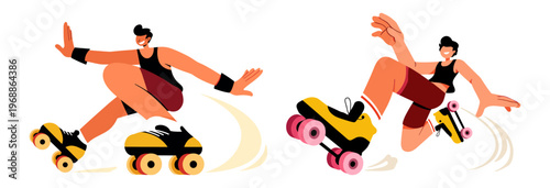 Roller skater set with man on quad skates flat style