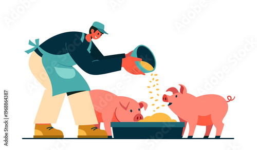 Farmer feeding pigs with bowl and trough flat style