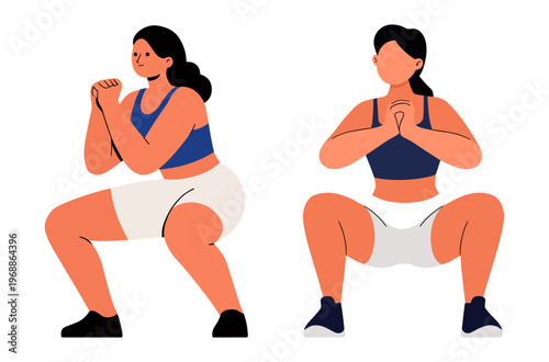 Woman doing squat exercise set flat style
