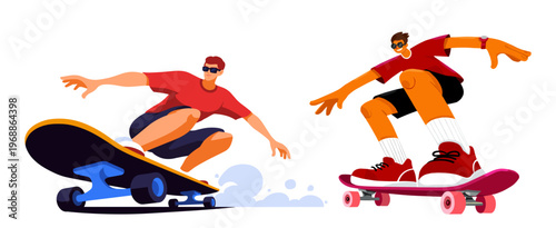 Skateboarder set with man riding skateboard flat style