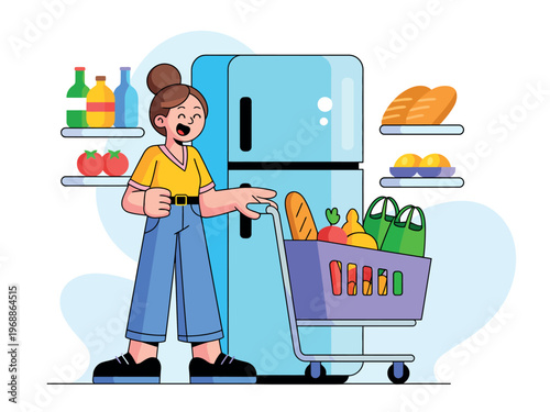 A cartoon woman excitedly pushing a shopping cart filled with groceries in front of a refrigerator.
