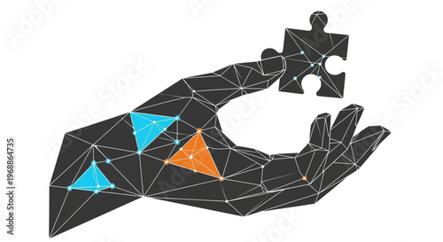 A hand holding a puzzle piece with geometric shapes.
