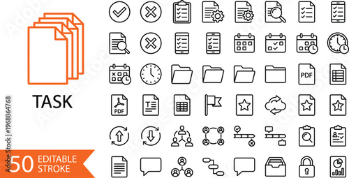 Professional Task Management Vector Icon Set Featuring Editable Stroke Line Art for Business Productivity Workflow and Project Organization