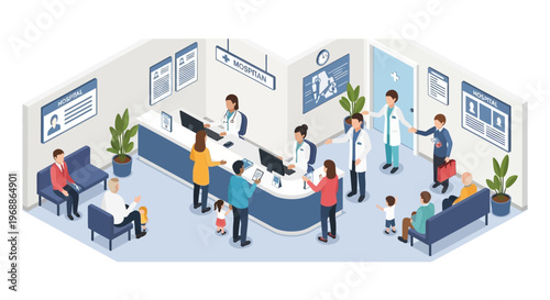 Medical Clinic Waiting Room and Reception Area with Patients and Staff.