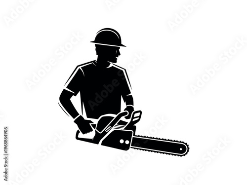 A construction worker wearing a hard hat holds a chainsaw on a white background