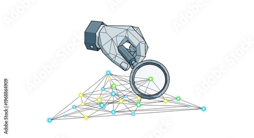 Hand holding magnifying glass over network connections and data analysis.