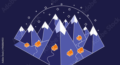 Winter mountain landscape with cozy houses and snow.