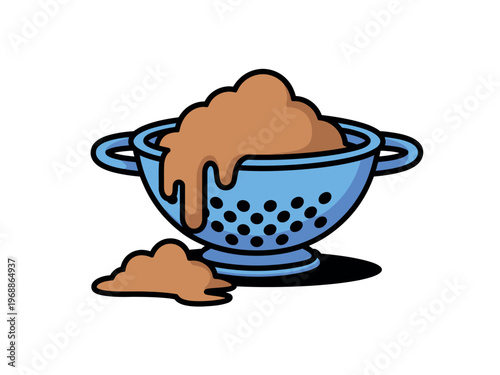 A cartoon illustration of a blue colander overflowing with brown substance on a white background