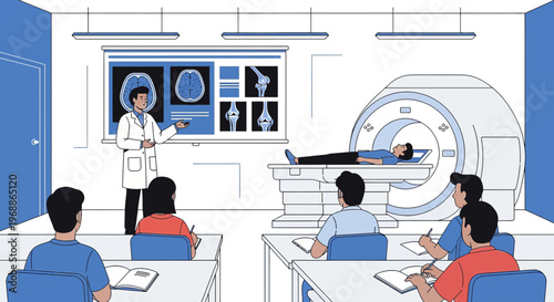 Medical Training: Doctor Explains MRI Scan to Students with Patient in Scanner