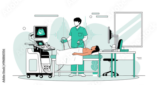 Medical Ultrasound Examination: Doctor Performing Scan on Patient in Modern Clinic