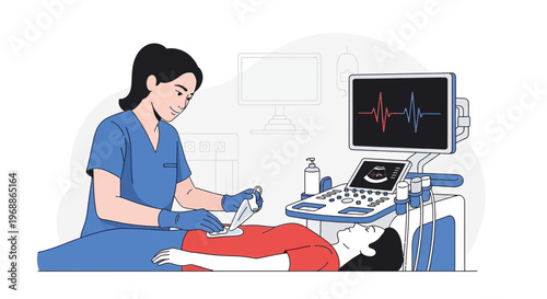 Medical Ultrasound Examination: Doctor Performing Sonography on Patient Lying Down