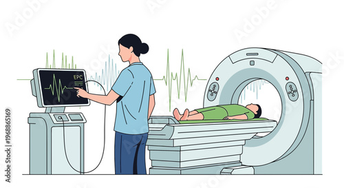 Medical Technician Operates CT Scanner for Child Patient in Diagnostic Imaging Room