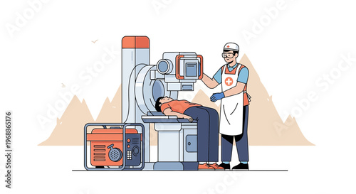 Medical Technician Operates CT Scanner with Patient Lying Down, Generator Nearby