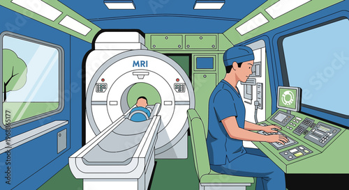 Medical Technician Operates MRI Scanner with Patient Inside for Diagnostic Imaging