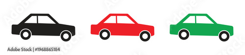 Modern Car Icon Set in Black, Red and Green, Simple Vehicle Symbols