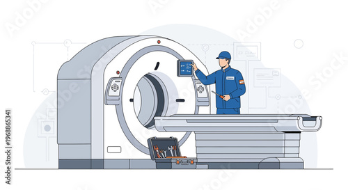 Medical Technician Servicing CT Scanner Machine with Tools and Diagnostic Equipment