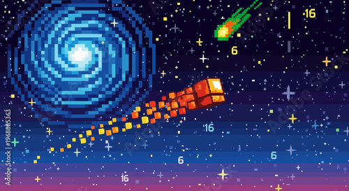 Retro pixel art space scene, colorful galaxy background, spiral nebula, shooting star trail, vibrant starry night sky, vector illustration