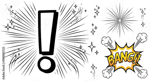 Comic explosion effects, exclamation marks, bang speech bubbles, black and yellow vector icons, shock and surprise graphics, emotive illustrations, web design elements