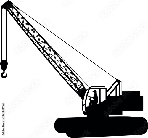 A black silhouette of a crane with a hook and a driver in the cab on a white background