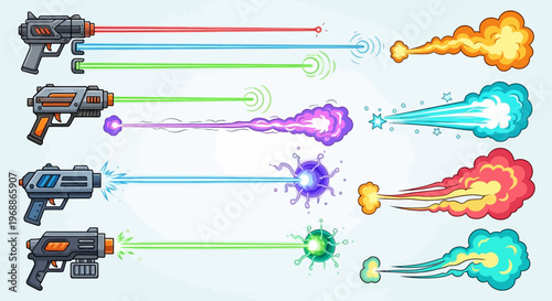 Cartoon laser guns, colorful effects, vector graphics, game icons, blast elements