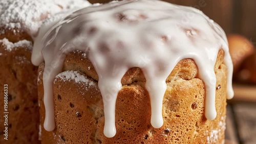 Close-up of delicious iced Easter bread with powdered sugar dusting