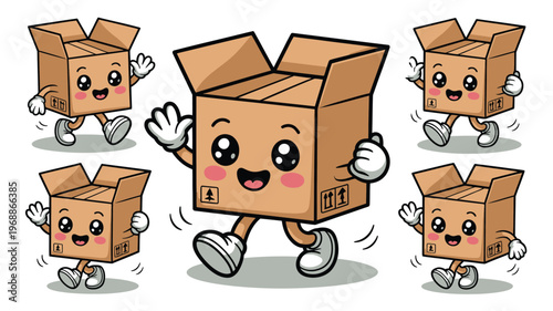 Cute Cartoon Box Character Set with Happy Expressions and Walking Poses, Delivery Package Mascot Illustration for Logistics Shipping and E Commerce Design