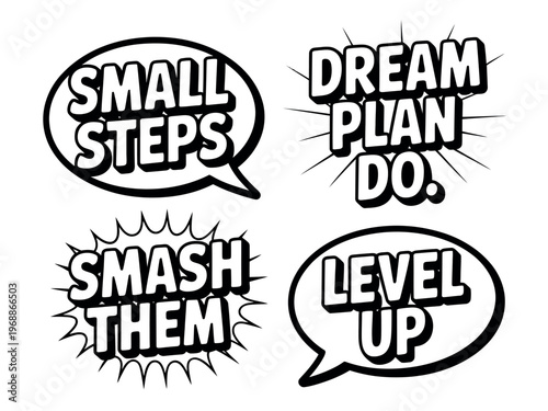 A motivational poster with four speech bubbles containing inspirational phrases.