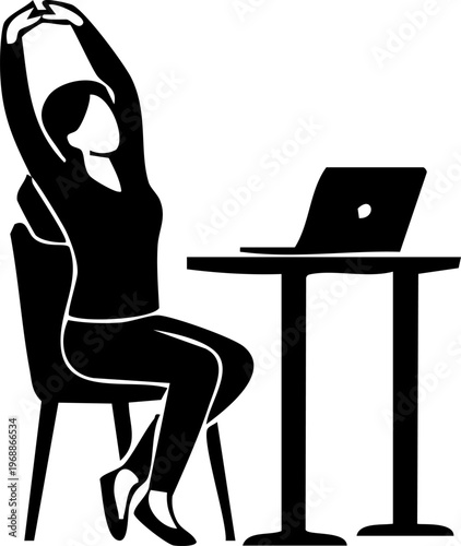 Woman stretching at desk with laptop, work from home break and healthy lifestyle silhouette illustration